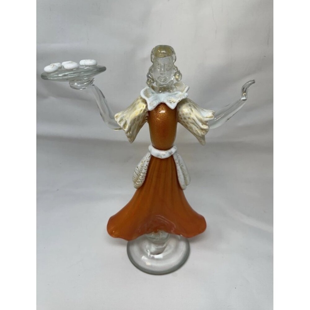 VTG Murano Glass MCM Orange White Lady Figurine Tray Gold flecks Salviati Italy